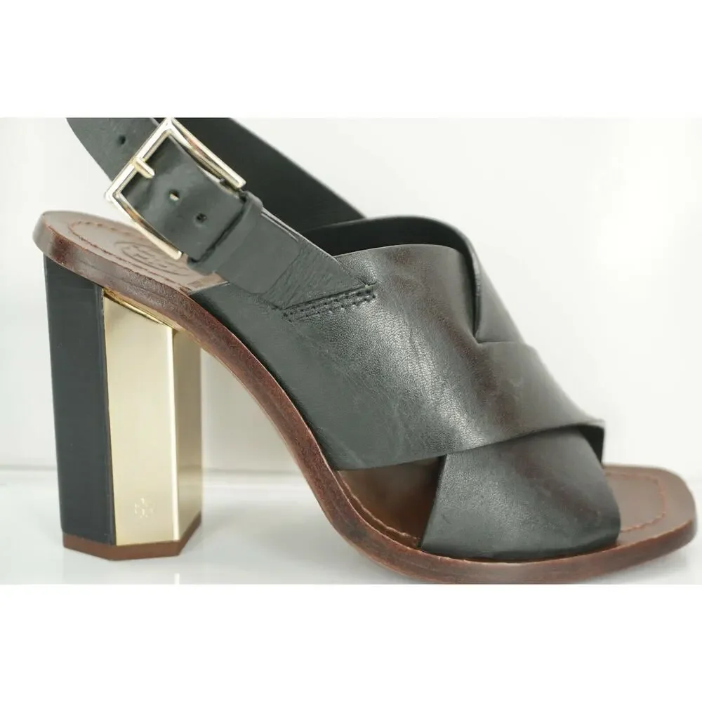 Tory Burch Black Leather Bleeker Wide Strappy Sandals Size 6.5 Hex Heel NIB